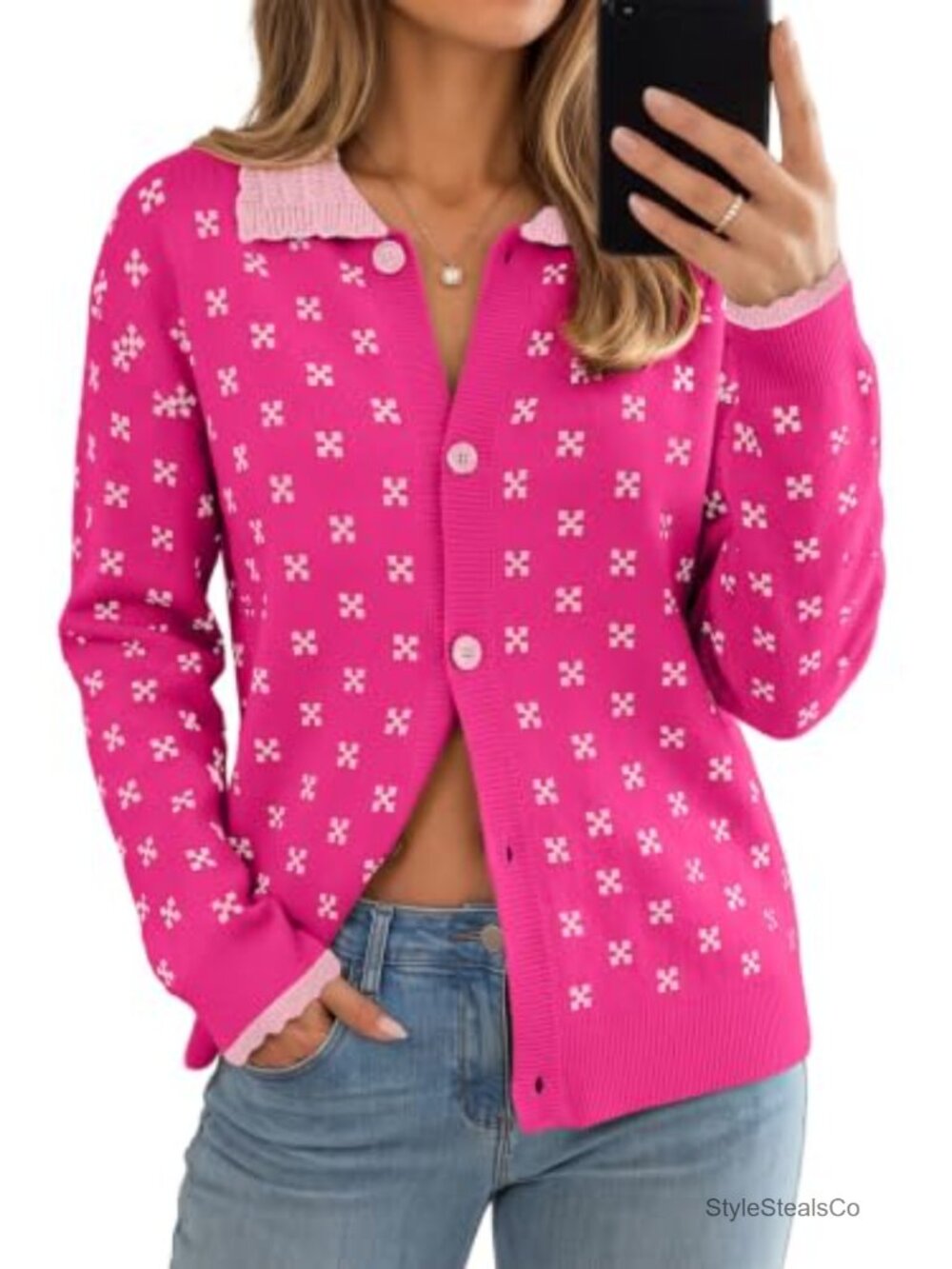Button Up Collared Knit Cardigan Sweater Long Sleeve Ruffle Cuff Geometric